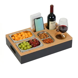 Relaxdays Couchbar, Bambus, 3 Edelstahlschale für Snacks, schwarz/natur | Halter für Flaschen, Gläser, Handy, Sofatablett