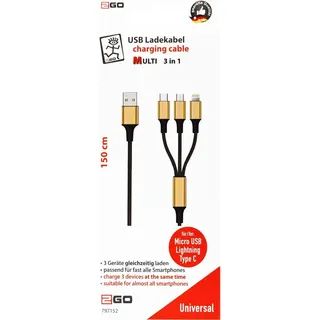2GO 3in1 USB Ladekabel Micro-USB,Apple,TypeC Nylon 1,5m gold - Schwarz