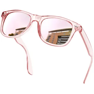 KANASTAL Polarisiert Sonnenbrille Herren und Damen Retro Klassische Rectangular Sonnenbrille UV400 Schutz für Fahren Wandern Golf Angeln, Transparent Rahmen Verspiegelt Rosa Gläser