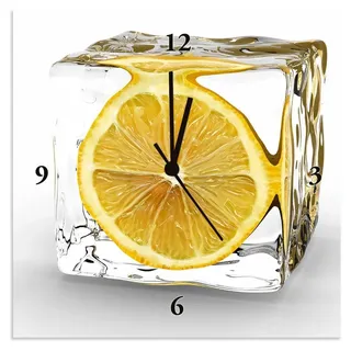 ARTland Wanduhr auf Alu Funkuhr - schwarzer Zeiger Zitrone im Eiswürfel Größe: 30x30 cm - Gelb