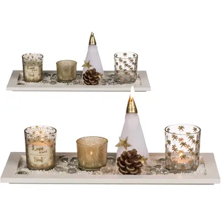 MC Trend Weißes Holz-Tablett Set Glas-Teelichthalter Teelicht Kerze Weihnachtsmann Tannenzapfen Tisch Deko Windlicht in Geschenkpackung ca. 36 x 14 cm