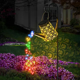 DeepDream Solar Gießkanne Lichterkette Aussen, LED Außen Solarlampen Wasserdicht Gartendeko Gießkannenlicht Lichter mit Schäferhaken, Vintage Lichterkette für Garten Hofweg Balkon Terrasse-Farbig