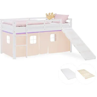 Homestyle4u Hochbett 90/200 cm in weiß Rutsche Bettvorhang peach Matratze , Lila, Weiß , Textil , Kiefer , 90x200 cm , Babymöbel & Kindermöbel, Kinderzimmer & Jugendzimmer, Kinderbetten, Hochbetten
