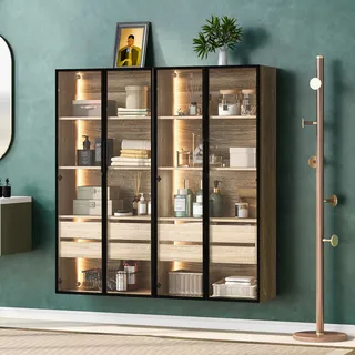 okwish 2er-Set Badezimmerschrank 74*36*155 cm, mittel, Vitrine mit Lichtleiste, mit 2 großen Schubladen und 2 Türen, Glastür,Sideboard ,Natur