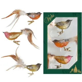 Krebs Glas Lauscha - Weihnachtsdekoration/Christbaumschmuck aus Glas - Vögel auf Clip - Farbe: natürlich transparent - 3 Stück - Größe: ca. 11 cm