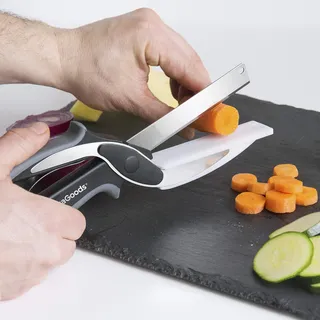 InnovaGoods - 2-in-1 Scherenmesser mit Mini-Schneidebrett, Ergonomischer Antirutsch-Griff, Sicherheitssperre, Vielseitig Einsetzbar, Edelstahl, Schwarz/Grau