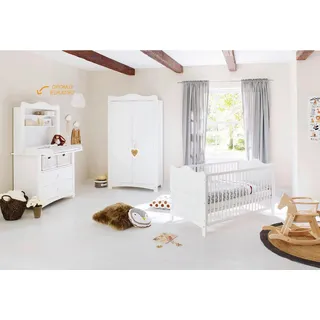 Pinolino Babyzimmer , Weiß , Holzwerkstoff , Kiefer , teilmassiv , 3 Fächer , 2 Schublade(n) Schubladen , 76x85x146 cm , zum Juniorbett umbaubar, Sprossen mit Normabstand, Lattenrost inklusive, Schlupfsprossen , Babymöbel & Kindermöbel, Babyzimmer, Babyzimmer-Serien