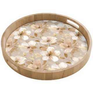 OnlyWow Tablett Blumen - künstlerisch - Gold 50x50 cm , Beige , Holz , Echtholz,Eiche , Rund , 50x5x5 cm , Geschirr, Tischkultur & Serviergeschirr, Tabletts