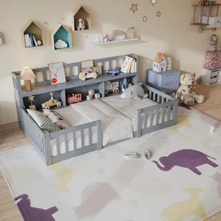 Montessori-Bodenbett für Kinder - Stauraum und Bücherregal - Sicherheitsgitter - Lattenrost - Massives Kiefernholz - 90 x 200 cm - Grau
