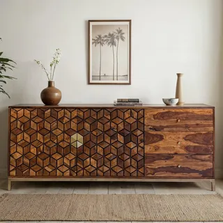 FineBuy Sideboard Sheesham Massivholz 180cm 2 Türen & 3 Schubladen - Massive Retro Kommode Metall Gestell Design Natur Anrichte - Handdustrial - Braun