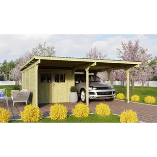 Karibu Doppelcarport Eco 5,09 x 5,76 m braun inkl. Abstellraum, Seitenwand, Rückwand