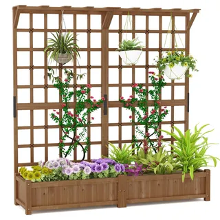 FANTASK 2 Stück Blumenkasten mit Rankgitter, 180x48x183cm, Pflanzkasten mit Spalier & Dach, Hochbeet Tannenholz mit Drainagelöchern & Seil für Kletterpflanzen, Gartenspalier für Terrasse (Braun)