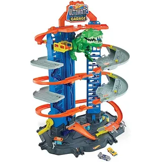 Hot Wheels Garage, Hot Wheels Parkgarage inkl. 2 Spielzeugautos, mit mehrstöckiger Autorennbahn, T-Rex Angriff Platz für +100 Autos, Höhe: 90cm, Auto Spielzeug, Spielzeug ab 5 Jahre, GJL14