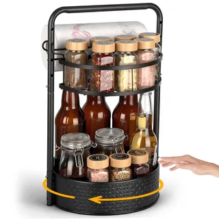 Romon Drehbarer Gewürzregale, 2-Schichtiges Küchenregal Stehend mit Papierhandtuchhalter, Gewürzorganizer mit Edelstahlkugellager & Anti-Rutsch-Füßen, für Küchenschrank & Arbeitsplatte, Schwarz