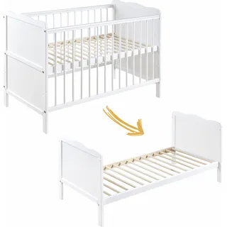 Gitterbett Babybett 2in1 60x120 mit Schublade Schlupfsprossen und Lattenrost Höhenverstellbar Umbaubar zum Juniorbett für Mädchen und Junge - Weiß - Weiß