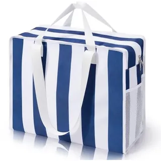 Ibenzoa® XXL Strandtasche, wasser- und reißfest – blau-weiß gestreift, 48×21×38 cm, Platz für 5–6 Handtücher, 10 kg Tragkraft, Reißverschluss & 2 Innenfächer - Blau, Weiß