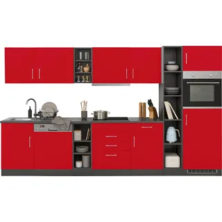 Küchenzeile KOCHSTATION "KS-Paris – Küchen mit einzigartigen Fotomotiven auf den Fronten", rot (küche: rot, front: rot, korpus: grafit, arbeitsplatte: anthrazit), B:340cm H:200cm T:60cm, Komplettküchen-Sets, Küchenzeile, Breite 340 cm, wahlweise mit E-Geräten und Induktion