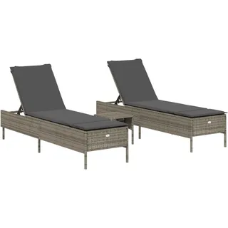 vidaXL 3-tlg. Sonnenliegen-Set mit Auflage Grau Poly Rattan - Grau