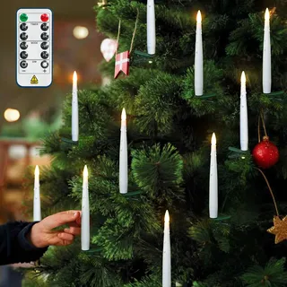 yunsheng Weihnachtsbaumkerzen mit Fernbedienung und Timer, batteriebetriebene flammenlose LED-Kerzen, flackernde Christbaumkerzen kabellos mit grünen Clips, 12 Stück