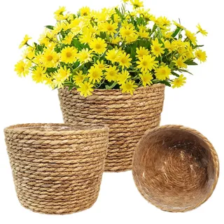 KMERCE 3er Set Pflanzenkorb Seegras, übertopf Boho, Blumentöpfe Geflochten rund, dekorativ übertöpfe Korb für zimmerpflanzen, Mit Wasserdichtem Kunststofffutter, 18cm, 22cm, 25cm Durchmesser