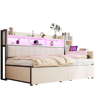 Wishdor Metallbett 90/200 cm in Weiß & Natur mit 2 Schubladen, Steckdosen und Schreibtisch , Holzwerkstoff, Metall , Rechteckig , 90x200 cm , Schlafzimmer, Betten, Metallbetten