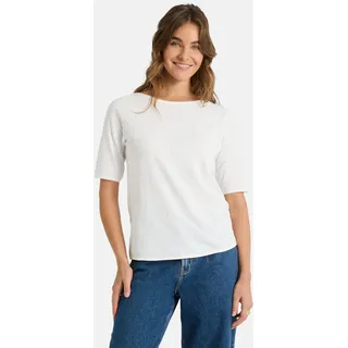 Rundhalsshirt LIEBLINGSSTÜCK "CandiceEP", Damen, Gr. S, weiß (sanftes weiß), Jersey, Obermaterial: 95% Baumwolle, 5% Elasthan, unifarben, regular fit taillenbedeckt, Rundhals, Shirts Rundhalsshirt, mit Statement-Stickerei und im Batik-Look