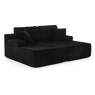 Modfu 2-Sitzer Schlafsofa aus Schaumstoff und Kordstoff Schwarz mit Magazintasche, Getränkehalter und abnehmbaren Kissen , Kunststoff , 186x78x154 cm , Wohnzimmer, Sofas & Couches, Sofas, 2-Sitzer Sofas
