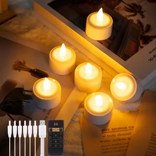 EXTSUD 6 Stück LED Teelichter Kerzen mit Fernbedienung und Timerfunktion, Wiederaufladbare Led Kerzen Flackernde Flamme Elektrische Teelichter für Hochzeiten Partys Tisch Halloween Weihnachtsdeko