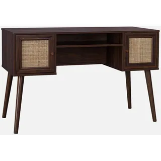 sweeek - Schreibtisch mit Holzdekor und Rattan-Geflecht 2 Türen - Dunkles Holz - Dunkelbraun