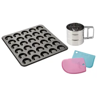 Zenker Vanillekipferl-Set, 30er-Kipferl-Backblech mit Antihaftbeschichtung, Teigschaber zum Bestreichen, Puderzuckersieb zum Bestreuen, Vanillekipferl einfach selbst backen, Menge: 1 x 3er Set