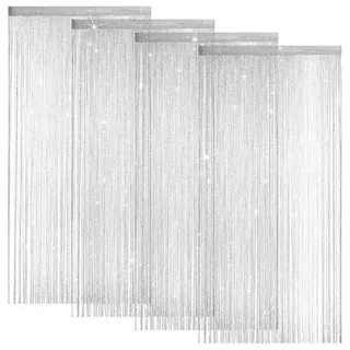 LITLANDSTAR 4 Stück Fadenvorhang Türvorhang, Glitzer Türvorhang Fensterdekoration Raumteiler Dekoration Perlenvorhang für Hochzeit Party Dekoration, 100 x 200cm (Silber)