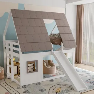 Flieks Etagenbett 140x200cm mit Fenster und Dach, Kinderbett Hausbett mit Rutsche, Hochbett mit Rausfallschutz und Lattenrost, Spielbett Weiß - Weiß, Braun