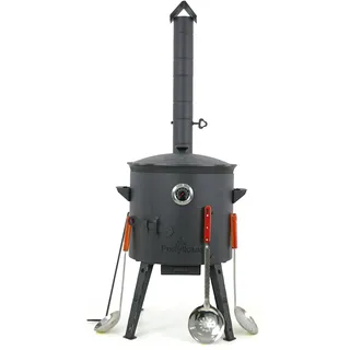 Utschak Feuerofen mit Thermometer Gusseisen Topf Kazan runder Boden mit Deckel (12 L) 2 Schaumlöffel 48 cm Schöpfkelle 48 cm KazanoFF, Outdoor, Feuerschale, Kazan, Gulaschkanone Dutch Oven (Set 4)