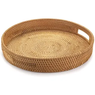 Serviertablett aus natürlichem Rattan – Geflochtenes Tablett im Landhausstil mit Griffen für Wohnzimmer, Küche oder Esstisch, 34 cm