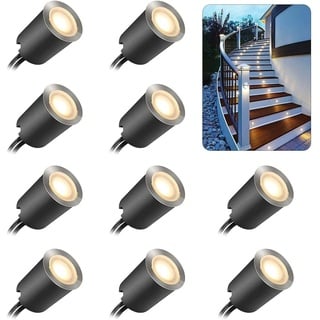 SMY 10er LED Bodeneinbaustrahler Terrassen Einbaustrahler Aussen, IP67 wasserdicht 12V 0,6W Ø32mm Treppen Holzdeck Garten Terrassenbeleuchtung 2800K(Mit EU-Stecker)