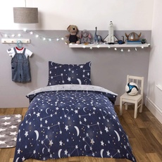 DREAMSCENE Bettbezug mit Kissenbezug - Bettwäsche-Set mit Galaxie-Sternen- und Mond-Print, Wendbar, Marineblau Grau - Junior/Babybett-Größe