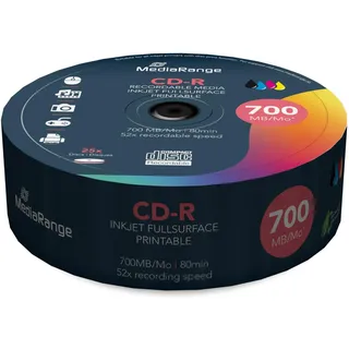 MediaRange CD-R 700MB|80min 52-fache Schreibgeschwindigkeit, vollflächig bedruckbar (Tintenstrahldrucker), Pack 25