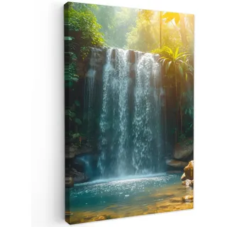 MuchoWow Leinwandbild Wasserfall - Dschungel - Sonne - Grün - Natur 80x120 cm , Textil , Rechteckig , 80x120 cm , FSC 100% , gerahmt , Bilder & Rahmen, Bilder, Leinwandbilder