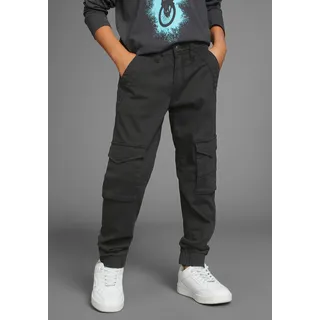 Cargohose KANGAROOS "Hose mit Cargotaschen", Jungen, Gr. 176, N-Gr, schwarz, Web, Obermaterial: 98% Baumwolle, 2% Elasthan, unifarben, Basic, lang, Hosen Cargohose, mit Logo-Stickerei, Topseller