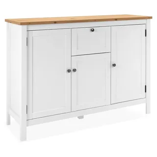 3-türiges Sideboard mit 4 Einlegeböden im Landhausstil, Kommode aus weiß foliertem Holzwerkstoff, Deckplatte in Holzoptik Asteiche, silberne Metallgriffe, 120 x 90 x 40 cm (B/H/T)