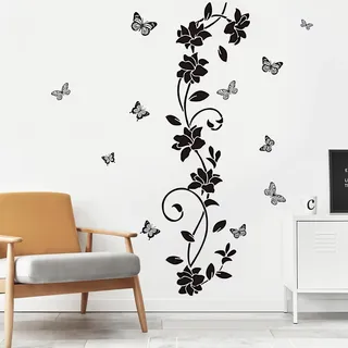 2 Stück Wandtattoo Blumenranken Mit Schmetterlingen Schwarz Elegante Blumen Ranken Aufkleber Selbstklebend PVC Wandsticker Für Spiegel Glas Fenster Tür Wohnzimmer Schlafzimmer Deko 30x90cm