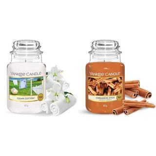 Yankee Candle Duftkerze im Glas (groß) – Clean Cotton & Duftkerze im Glas (groß) – Cinnamon Stick – Kerze mit langer Brenndauer bis zu 150 Stunden – Perfekte Geschenke für Frauen