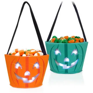 com-four® 2X Halloween Tasche mit LED Beleuchtung - Beutel zum Sammeln von Süßigkeiten - Sammeltasche aus Filz - Geschenktasche mit kinderfreundlichen Gruselmotiven (02 Stück - Kürbis mit LED)