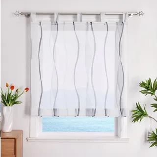 ESLIR Raffrollo mit Schlaufen Gardinen Küche Raffgardinen Grau 100x140cm | Transparent, Schlaufenrollo, Vorhänge mit Wellen-Druck, Modern Voile, 1 Stück, Fenster Rollos für Innen, Wohnzimmer Balkon