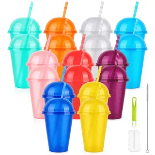 18 Stück Slush eis Becher 16oz/475ml Trinkbecher mit Strohhalm & Deckel | 9 Farbe Plastikbecher,Glitzer Farbwechsel Slush Becher, Wiederverwendbare Becher für Saft Kaltes Eiskaffee Trinken Smoothie