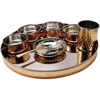 Zap impex Indisches Geschirr Edelstahl Kupfer gehämmert Traditionelles Geschirr Set aus Thali Teller, Schüsseln, Glas und Löffel Serviergeschirr für Haushalt und Küche