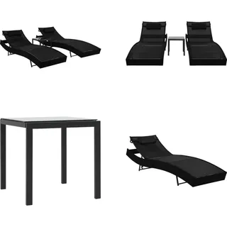 vidaXL Sonnenliegen 2 Stk. mit Tisch Poly Rattan und Textilene Schwarz - Sonnenliege - Sonnenliegen - Rattan-Sonnenliege - Rattan-Sonnenliegen - Schwarz