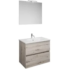 Burgbad Rocio Set aus Spiegel mit LED-Leuchte, Waschtisch und Waschtischunterschrank, Breite 800mm, SGYP080, Farbe: Eiche Dekor Silber