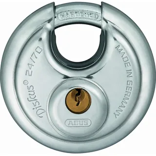 ABUS Diskus Hangschloss 24/70 - Spezialschloss aus Edelstahl mit 2 | Rostfrei, Sägeschutz & gehärteter Stahlbügel. Runde Form erschwert Aufbruchversuche. Präzisions-Zylinder Made in Germany.