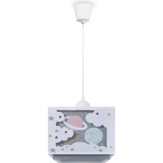 Kinderzimmer Hängelampe Lampenschirm Stoff Regenbogen Stern Löwe Dino Mond - Grau